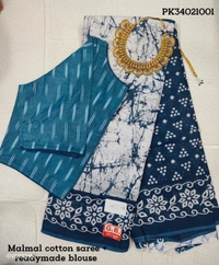 Ruthvi Ethincs Malmal Cotton Saree With Blouse PK34021001 - Blue, Saree With Blouse
