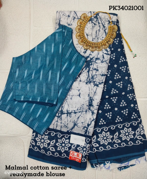 Ruthvi Ethincs Malmal Cotton Saree With Blouse PK34021001 - Blue, Saree With Blouse