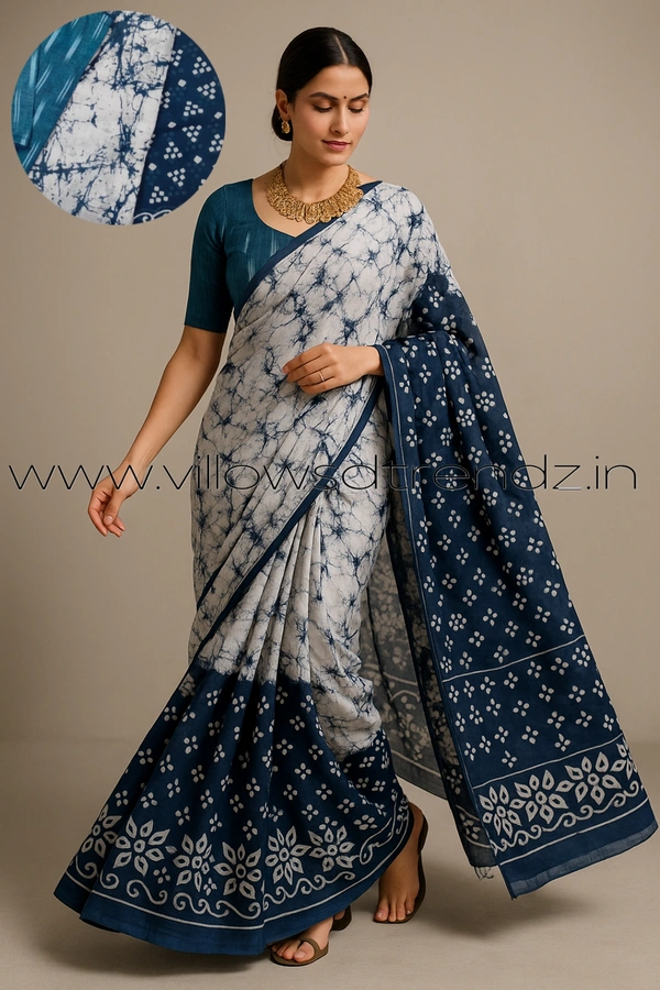 Ruthvi Ethincs Malmal Cotton Saree With Blouse PK34021001 - Blue, Saree With Blouse