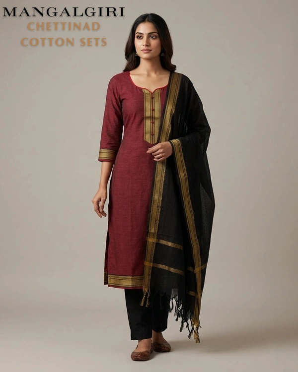 Minmini Mangalgiri Chettinad Kurti Sets| Kurti with Lining| Red | VS75001 | - 2XL, Red