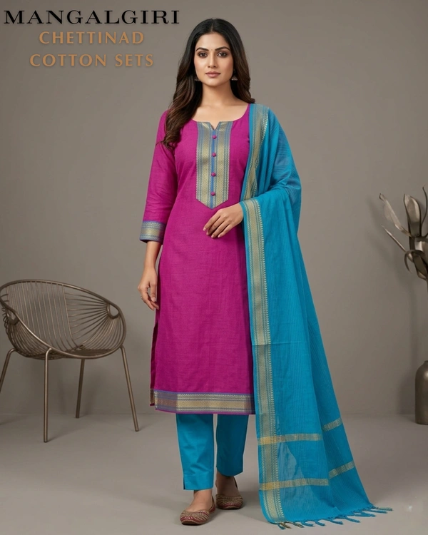 Minmini Mangalgiri Chettinad Kurti Sets| Kurti with Lining| Pink | VS75003 | - XL, Pink