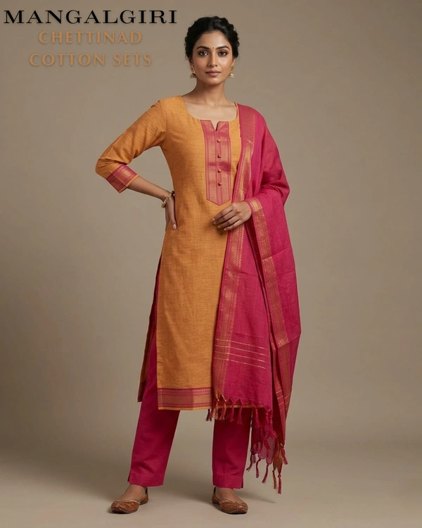 Minmini Mangalgiri Chettinad Kurti Sets| Kurti with Lining| Orange | VS75005 | - XL, Orange