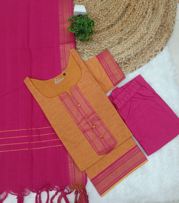 Minmini Mangalgiri Chettinad Kurti Sets| Kurti with Lining| Orange | VS75005 | - XL, Orange