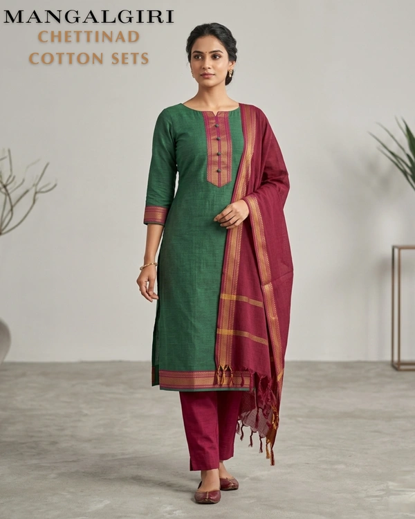 Minmini Mangalgiri Chettinad Kurti Sets| Kurti with Lining| Green | VS75004 | - 2XL, Green