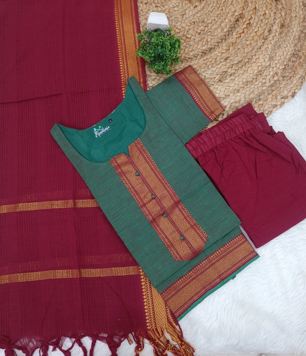 Minmini Mangalgiri Chettinad Kurti Sets| Kurti with Lining| Green | VS75004 | - 2XL, Green