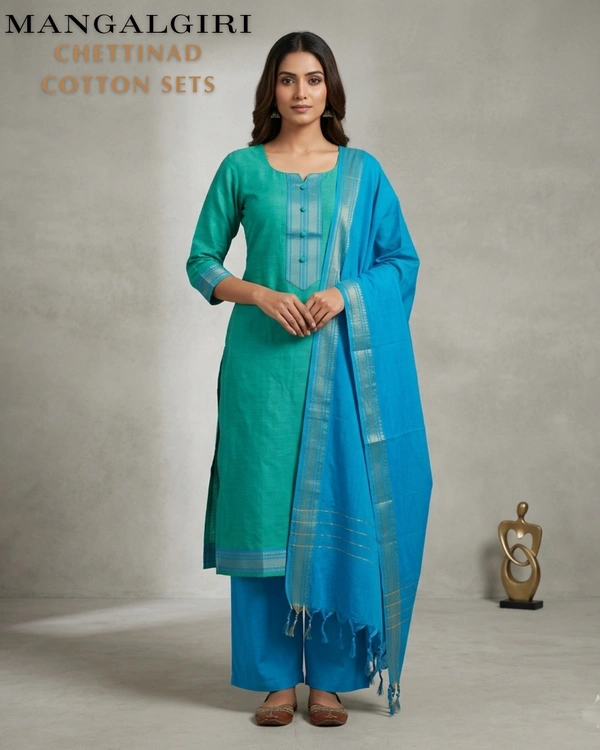 Minmini Mangalgiri Chettinad Kurti Sets| Kurti with Lining| Green | VS75007 | - XL, Green