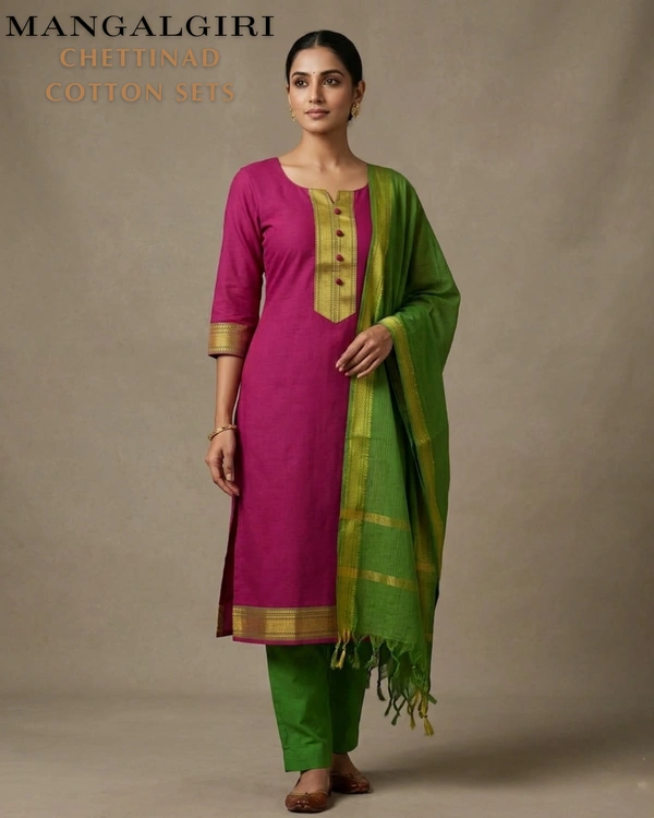 Minmini Mangalgiri Chettinad Kurti Sets| Kurti with Lining| Pink | VS75006 | - XL, Pink