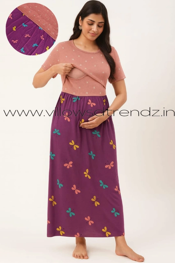 Smurf Finds Maternity Feeding Lounge Wear | Pullup Gown| Zipless| Full Length| 52 inches height| Purple | MGF310086 - Purple, L