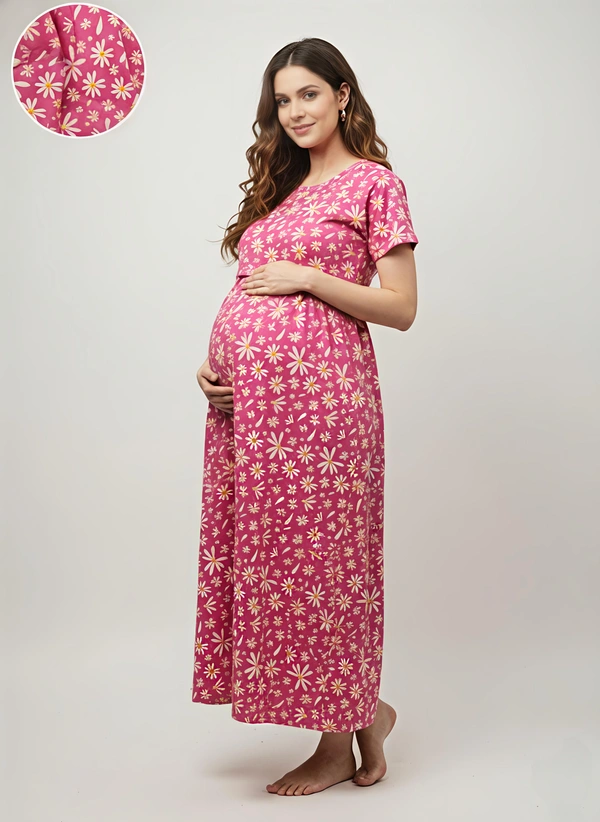 Smurf Finds Maternity Feeding Lounge Wear | Pullup Gown| Zipless| Full Length| 52 inches height|| Pink | FM 26003 - Pink, XL