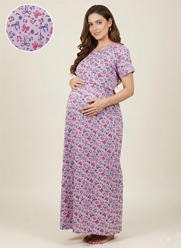 Smurf Finds Maternity Feeding Lounge Wear | Pullup Gown| Zipless| Full Length| 52 inches height|| Lt Pink | FM 26002 - Lt Pink, XL