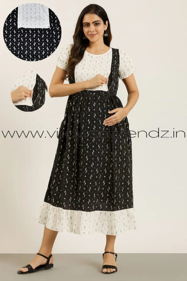 Ruthvi Ethnics Maternity Maxi|Feeding Maxi| Frock Nighty| Night Gown| Nighty| Invisible Zip on Both Sides| Back side adjustable Knot| Black| FFN23061 - Black, Bust: 46|Ht: 46(3XL)