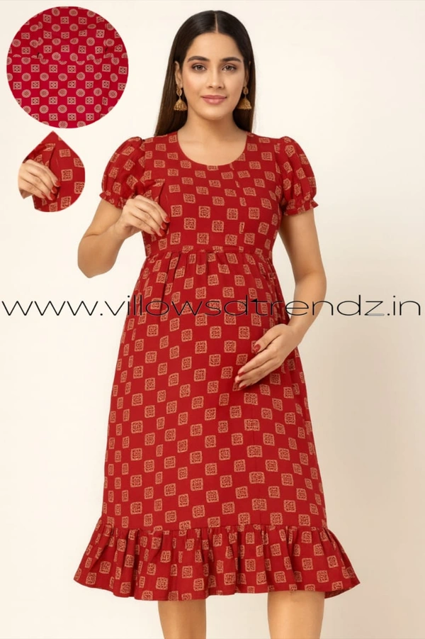 Ruthvi Ethnics Maternity Maxi|Feeding Maxi| Frock Nighty| Night Gown| Nighty| Invisible Zip on Both Sides| Back side adjustable Knot| Red| FFN23063 - Red, Bust: 39|Ht: 44.5 (L)