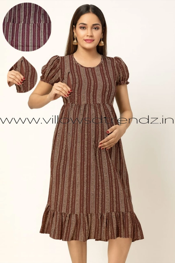 Ruthvi Ethnics Maternity Maxi|Feeding Maxi| Frock Nighty| Night Gown| Nighty| Invisible Zip on Both Sides| Back side adjustable Knot| Brown| FFN23064 - Brown, Bust: 38|Ht: 43.5(M)