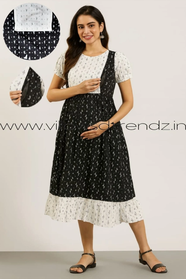 Ruthvi Ethnics Maternity Maxi|Feeding Maxi| Frock Nighty| Night Gown| Nighty| Invisible Zip on Both Sides| Back side adjustable Knot| White with Black| FFN23062 - Black, Bust: 48|Ht: 45.5 (4XL)