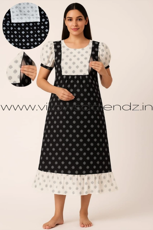 Ruthvi Ethnics Maternity Maxi|Feeding Maxi| Frock Nighty| Night Gown| Nighty| Invisible Zip on Both Sides| Back side adjustable Knot| White with Black| FFN23060 - Black, Bust: 45|Ht: 46 (3XL)