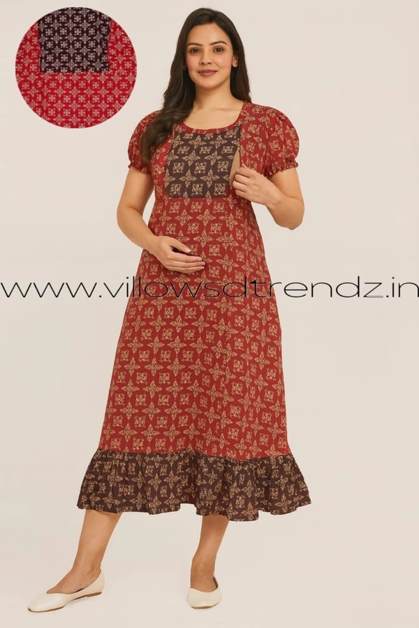 Ruthvi Ethnics Maternity Maxi|Feeding Maxi| Frock Nighty| Night Gown| Nighty| Invisible Zip on Both Sides| Back side adjustable Knot| Red| FF260001 - Red, Bust: 42|Ht: 45.5 (XL)