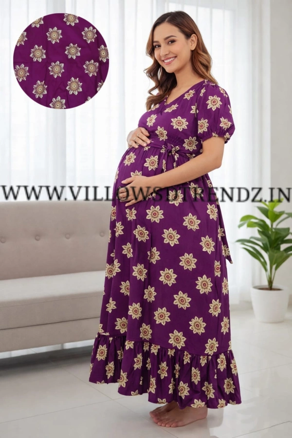 Ruthvi Ethnics Maternity Maxi|Feeding Maxi| Frock Nighty| Night Gown| Nighty| Invisible Zip on Both Sides| Back side adjustable Knot| Puff Sleeve| Brinjal violet | FG400034 - Brinjal violet, Bust: 42.5|Ht: 46.5 (XL)