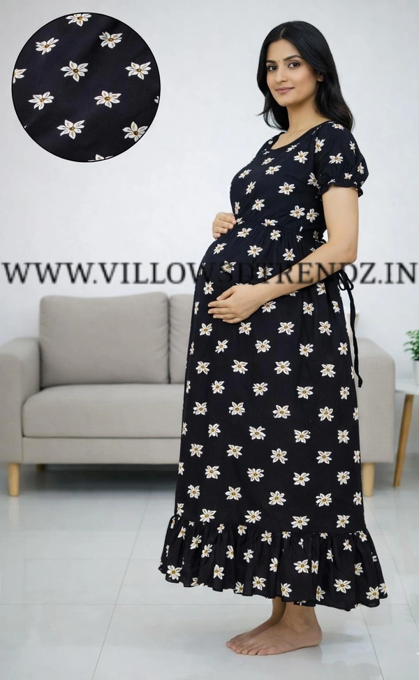 Ruthvi Ethnics Maternity Maxi|Feeding Maxi| Frock Nighty| Night Gown| Nighty| Invisible Zip on Both Sides| Back side adjustable Knot| Puff Sleeve| Navy blue | FG400013 - Navy Blue, Bust: 44|Ht: 46{2XL)