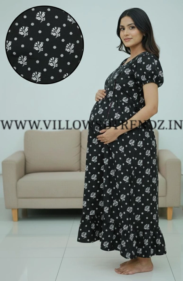 Ruthvi Ethnics Maternity Maxi|Feeding Maxi| Frock Nighty| Night Gown| Nighty| Invisible Zip on Both Sides| Back side adjustable Knot| Puff Sleeve| Dark bottle green | FG400031 - Bottle green, Bust: 45.5|Ht: 45.5 (3XL)