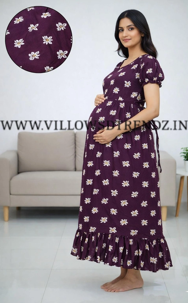 Ruthvi Ethnics Maternity Maxi|Feeding Maxi| Frock Nighty| Night Gown| Nighty| Invisible Zip on Both Sides| Back side adjustable Knot| Puff Sleeve| Purple | FG400011 - Purple, Bust: 46|Ht: 46{3XL)