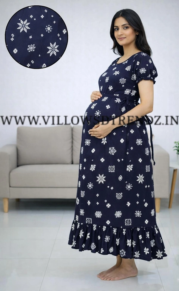 Ruthvi Ethnics Maternity Maxi|Feeding Maxi| Frock Nighty| Night Gown| Nighty| Invisible Zip on Both Sides| Back side adjustable Knot| Puff Sleeve| Navy Blue | FG400025 - Navy Blue, Bust: 44.5|Ht: 47(2XL)