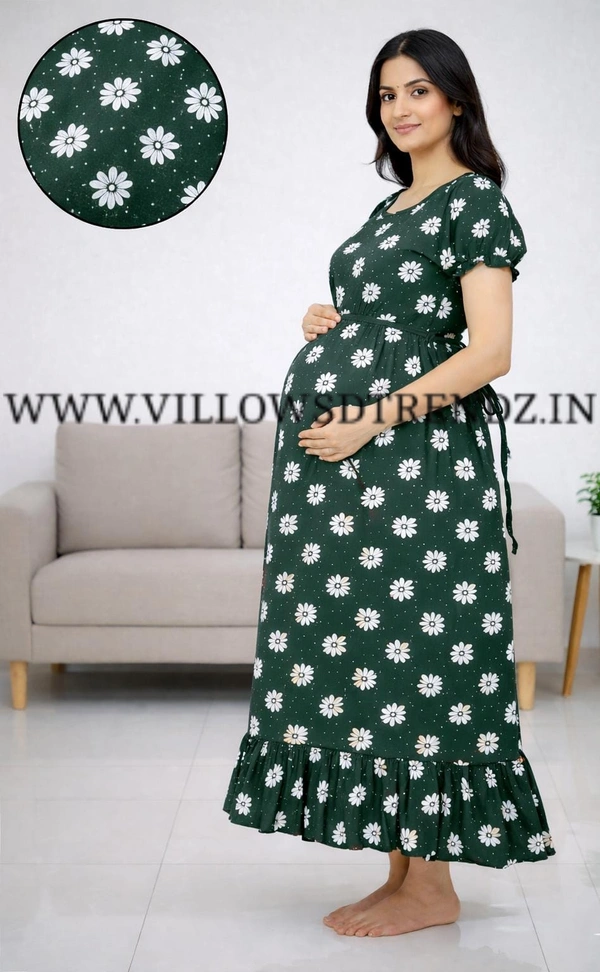 Ruthvi Ethnics Maternity Maxi|Feeding Maxi| Frock Nighty| Night Gown| Nighty| Invisible Zip on Both Sides| Back side adjustable Knot| Puff Sleeve| Bottle green| FG400016 - Bottle green, Bust: 46|Ht: 45.5 (3XL)