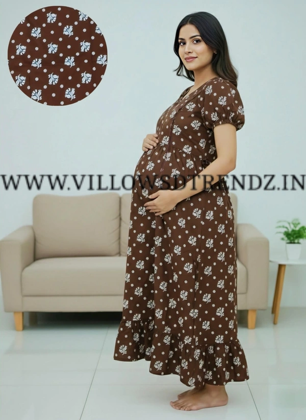 Ruthvi Ethnics Maternity Maxi|Feeding Maxi| Frock Nighty| Night Gown| Nighty| Invisible Zip on Both Sides| Back side adjustable Knot| Puff Sleeve| Brown | FG400030 - Brown, Bust: 44.5|Ht: 46.5(2XL)