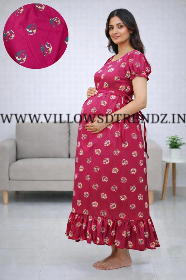 Ruthvi Ethnics Maternity Maxi|Feeding Maxi| Frock Nighty| Night Gown| Nighty| Invisible Zip on Both Sides| Back side adjustable Knot| Puff Sleeve| Dark Pink | FG400026 - Dark Pink, Bust: 40.5|Ht: 45.5(L)