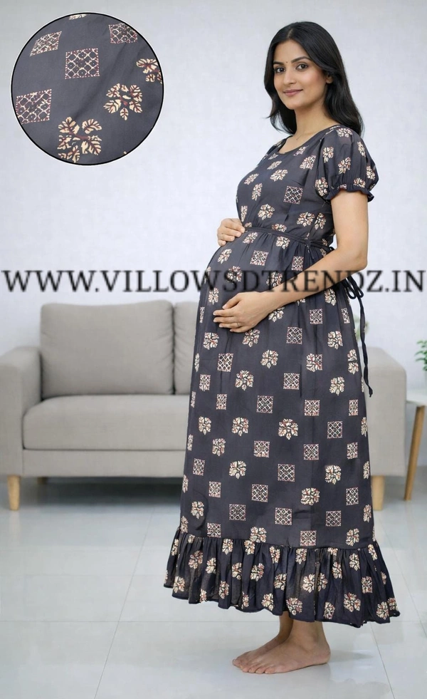 Ruthvi Ethnics Maternity Maxi|Feeding Maxi| Frock Nighty| Night Gown| Nighty| Invisible Zip on Both Sides| Back side adjustable Knot| Puff Sleeve| Slate Grey | FG400022 - Slate grey, Bust: 23|Ht: 46.5(3XL)