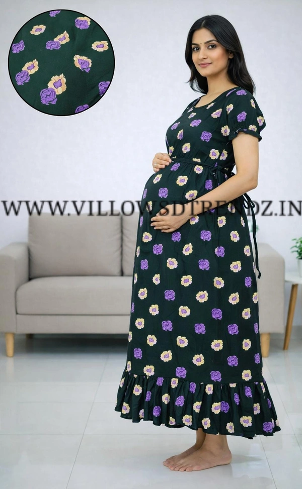 Ruthvi Ethnics Maternity Maxi|Feeding Maxi| Frock Nighty| Night Gown| Nighty| Invisible Zip on Both Sides| Back side adjustable Knot| Puff Sleeve| Dark green | FG400020 - Dark green, Bust: 44.5|Ht: 46{2XL)