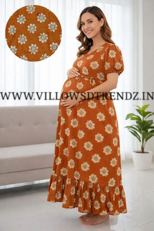 Ruthvi Ethnics Maternity Maxi|Feeding Maxi| Frock Nighty| Night Gown| Nighty| Invisible Zip on Both Sides| Back side adjustable Knot| Puff Sleeve| Mustered Yellow | FG400035 - Mustered Yellow, Bust: 44|Ht: 46{2XL)