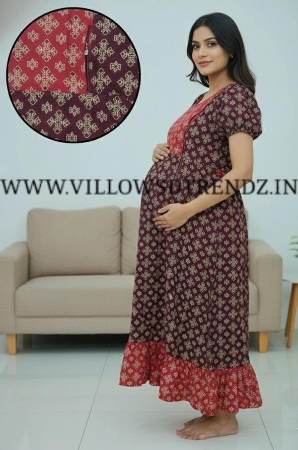 Ruthvi Ethnics Maternity Maxi|Feeding Maxi| Frock Nighty| Night Gown| Nighty| Invisible Zip on Both Sides| Back side adjustable Knot| Puff Sleeve| Brown | FG40002 - Brown, Bust: 42.5|Ht: 45.5 (XL)