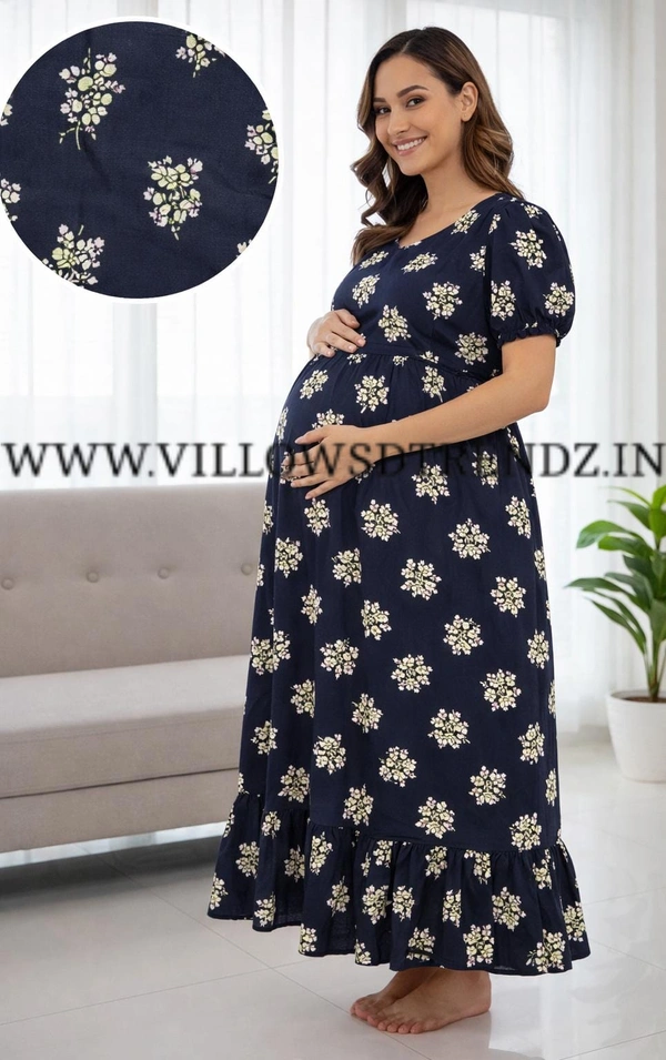 Ruthvi Ethnics Maternity Maxi|Feeding Maxi| Frock Nighty| Night Gown| Nighty| Invisible Zip on Both Sides| Back side adjustable Knot| Puff Sleeve| Navy Blue | FG400028 - Navy Blue, Bust: 46|Ht: 46 {3XL)