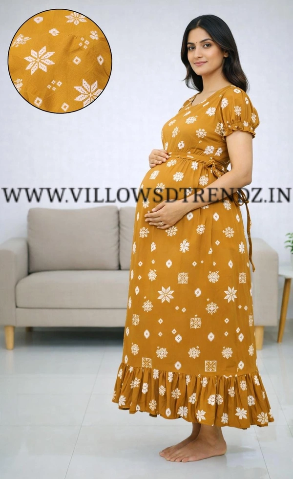 Ruthvi Ethnics Maternity Maxi|Feeding Maxi| Frock Nighty| Night Gown| Nighty| Invisible Zip on Both Sides| Back side adjustable Knot| Puff Sleeve| Fenugreek | FG400024 - Fenugreek, Bust: 46|Ht: 47 (3XL)