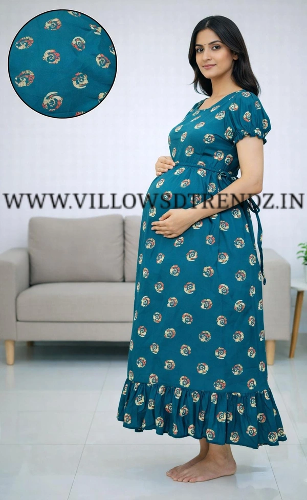 Ruthvi Ethnics Maternity Maxi|Feeding Maxi| Frock Nighty| Night Gown| Nighty| Invisible Zip on Both Sides| Back side adjustable Knot| Puff Sleeve| Rama green | FG400027 - Rama green, Bust: 41.5|Ht: 46.5{XL)