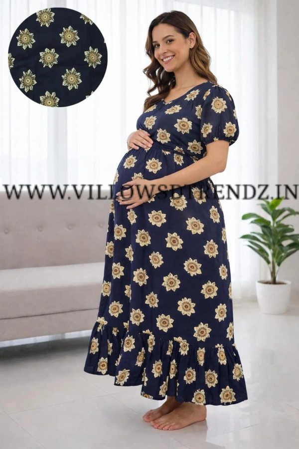 Ruthvi Ethnics Maternity Maxi|Feeding Maxi| Frock Nighty| Night Gown| Nighty| Invisible Zip on Both Sides| Back side adjustable Knot| Puff Sleeve| Slate grey | FG400033 - Slate grey, Bust: 41.5|Ht: 46.5(XL)