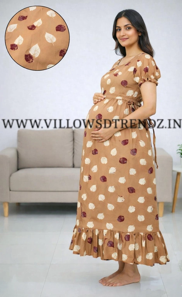 Ruthvi Ethnics Maternity Maxi|Feeding Maxi| Frock Nighty| Night Gown| Nighty| Invisible Zip on Both Sides| Back side adjustable Knot| Puff Sleeve| Sandal | FG400018 - Sandal, Bust: 44|Ht: 47 (2XL)