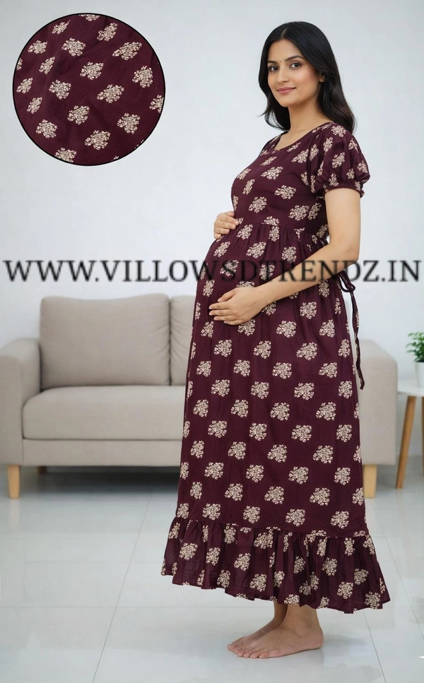 Ruthvi Ethnics Maternity Maxi|Feeding Maxi| Frock Nighty| Night Gown| Nighty| Invisible Zip on Both Sides| Back side adjustable Knot| Puff Sleeve| Burgundy | FG400012 - Burgundy, Bust: 44|Ht: 46{2XL)