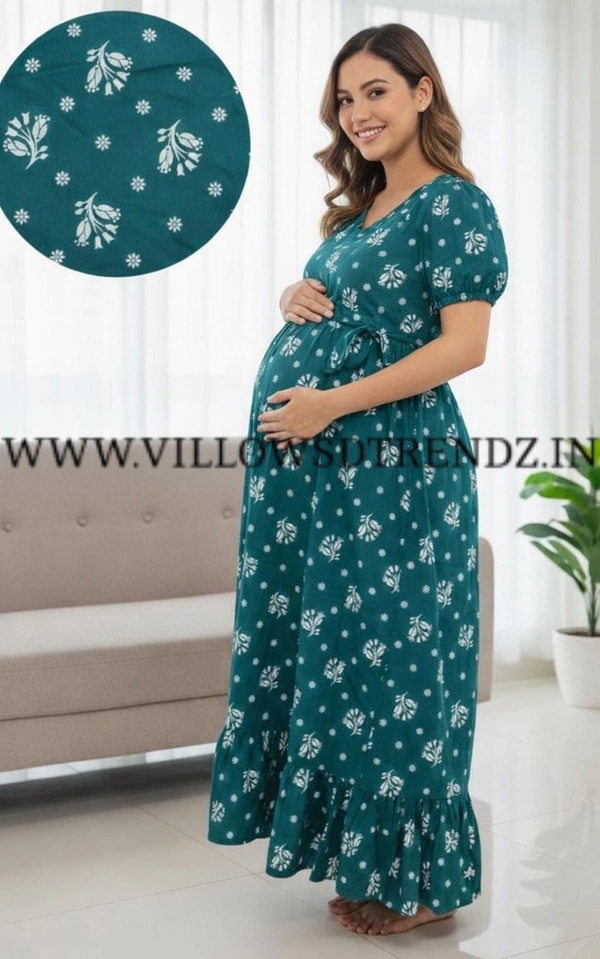 Ruthvi Ethnics Maternity Maxi|Feeding Maxi| Frock Nighty| Night Gown| Nighty| Invisible Zip on Both Sides| Back side adjustable Knot| Puff Sleeve| Rama green | FG400032 - Rama green, Bust: 46|Ht: 47{3XL)