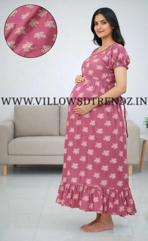 Ruthvi Ethnics Maternity Maxi|Feeding Maxi| Frock Nighty| Night Gown| Nighty| Invisible Zip on Both Sides| Back side adjustable Knot| Puff Sleeve| Pink | FG400010 - Pink, Bust: 46.5|Ht: 46{3XL)