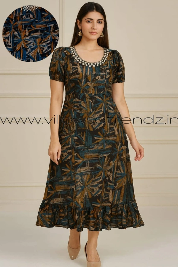 Ruthvi Ethnics Maxi| Frock Nighty| Night Gown| Nighty| Designer Neck Pattern| Back side adjustable Knot| Sky Blue Mix| FN25064 - Sky Blue Mix, Bust: 45|Ht: 44.5 (3XL)