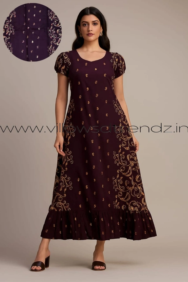 Ruthvi Ethnics Maxi| Frock Nighty| Night Gown| Nighty| Designer Neck Pattern| Back side adjustable Knot| Plum| FN25060 - Plum, Bust: 44|Ht: 45 (2XL)