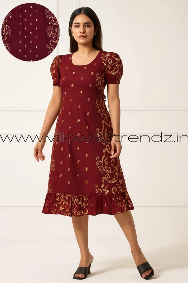Ruthvi Ethnics Maxi| Frock Nighty| Night Gown| Nighty| Designer Neck Pattern| Back side adjustable Knot| Maroon| FN25063 - Maroon, Bust: 45|Ht: 44.5 (3XL)