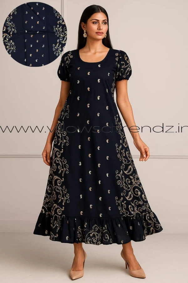 Ruthvi Ethnics Maxi| Frock Nighty| Night Gown| Nighty| Designer Neck Pattern| Back side adjustable Knot| Navy Blue|FN25061 - Navy Blue, Bust: 46|Ht: 45 (3XL)