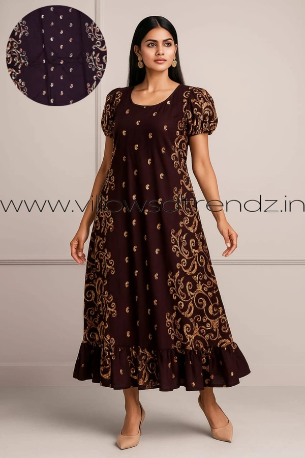 Ruthvi Ethnics Maxi| Frock Nighty| Night Gown| Nighty| Designer Neck Pattern| Back side adjustable Knot| Wine| FN25062 - Wine, Bust: 45|Ht: 44.5 (3XL)