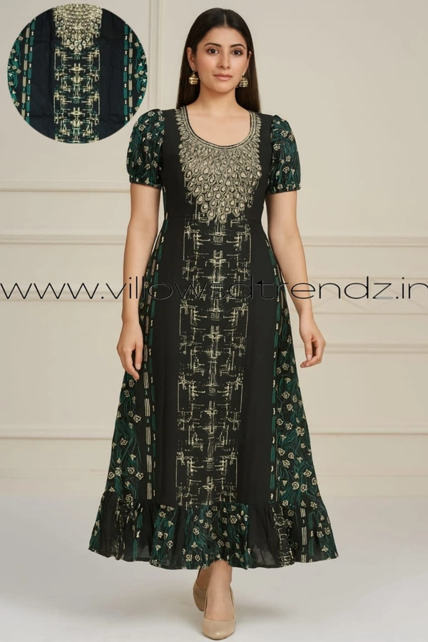 Ruthvi Ethnics Maxi| Frock Nighty| Night Gown| Nighty| Designer Neck Pattern| Back side adjustable Knot| Green| FN25067 - Green, Bust: 42|Ht: 45.5 (XL)
