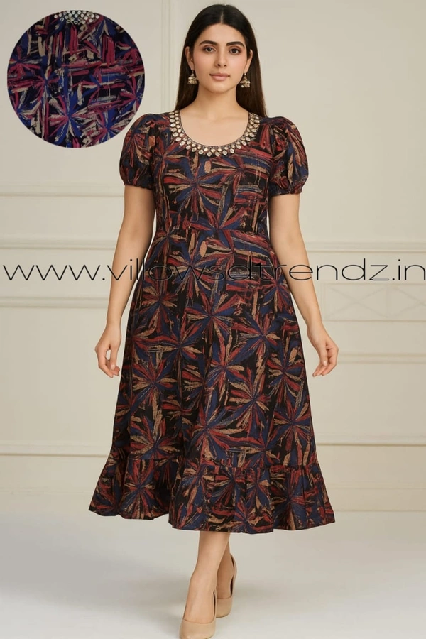 Ruthvi Ethnics Maxi| Frock Nighty| Night Gown| Nighty| Designer Neck Pattern| Back side adjustable Knot| Rani Pink Mix| FN25065 - Rani Pink Mix, Bust: 41|Ht: 44.5 (L)