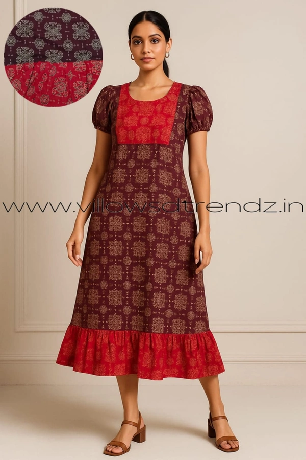 Ruthvi Ethnics Maxi| Frock Nighty| Night Gown| Nighty| Designer Neck Pattern| Back side adjustable Knot| Maroon| FN25070 - Maroon, Bust: 43|Ht: 46 (XL)