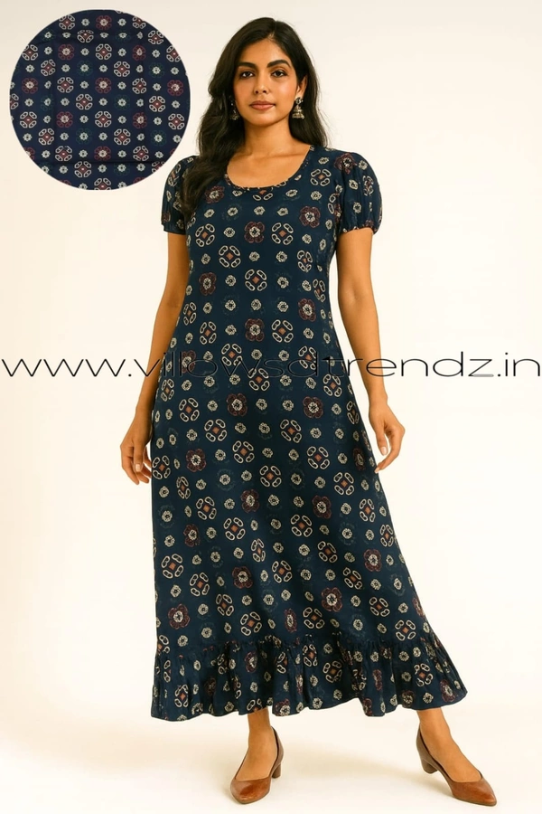 Ruthvi Ethnics Maxi| Frock Nighty| Night Gown| Nighty| Designer Neck Pattern| Back side adjustable Knot| Blue | FN25080 - Blue, Bust: 44|Ht: 47 (XXL)