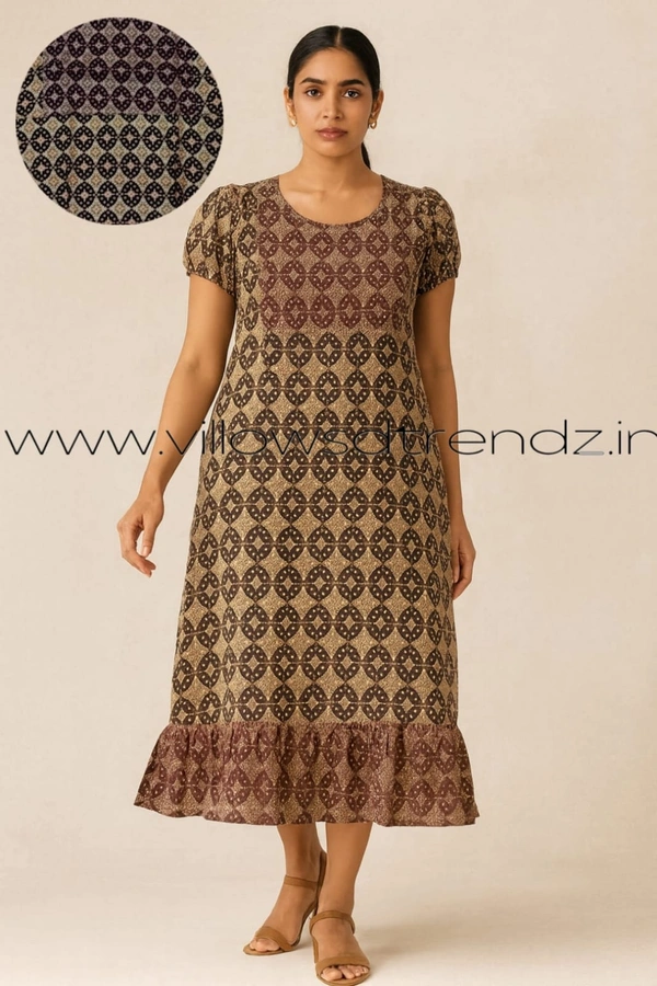 Ruthvi Ethnics Maxi| Frock Nighty| Night Gown| Nighty| Designer Neck Pattern| Back side adjustable Knot| Half brown | FN25079 - Half brown, Bust: 43|Ht: 45 (XL)